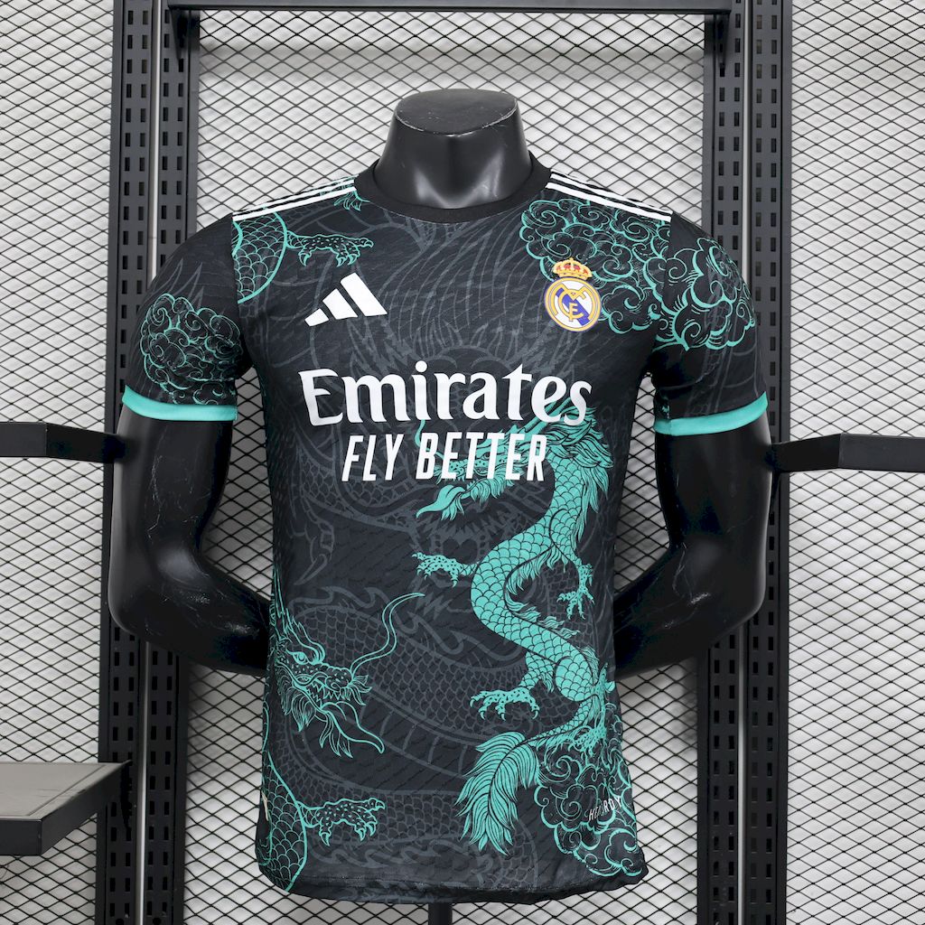Mens Real Madrid 2025/26 Black Green Dragon Edition Jersey Player Version